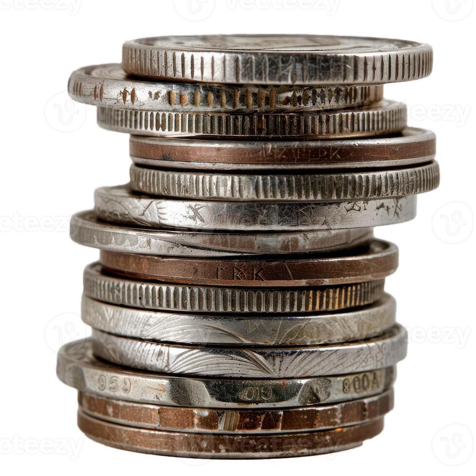 Stack of old world coins forming a tall pile showing value photo