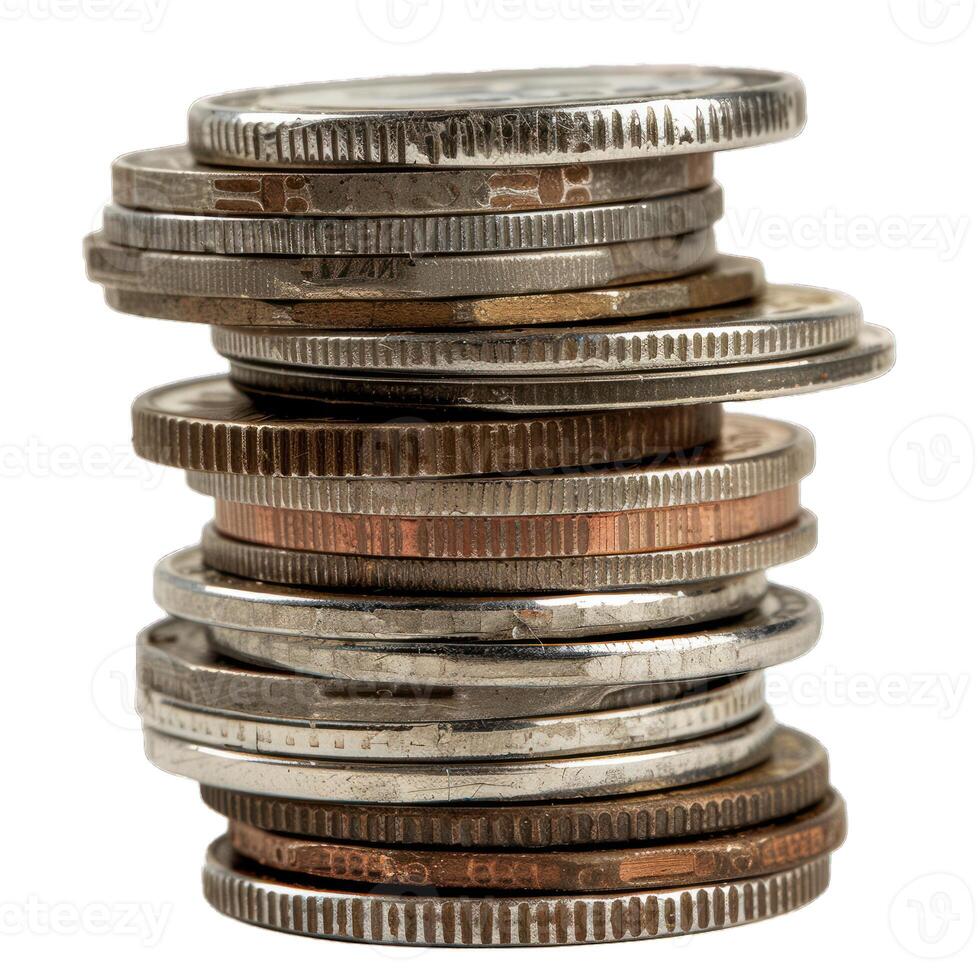 Stack of old coins creating a tall pile of metal money photo