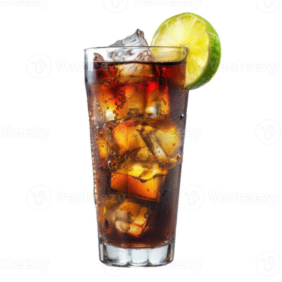 Glass of cola with ice cubes and lime wedge on white background photo