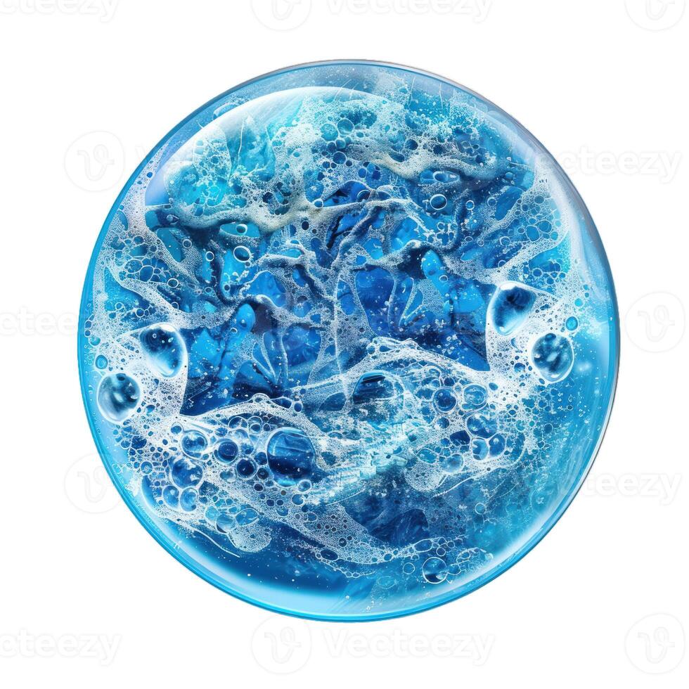 Blue gel or serum texture with bubbles in round shape showing the concept of skincare photo