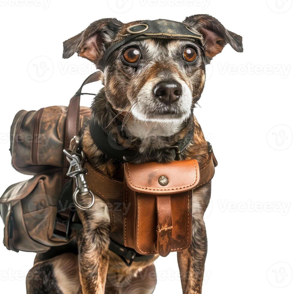 Dog dressed as steampunk aviator wearing backpack posing on white background photo