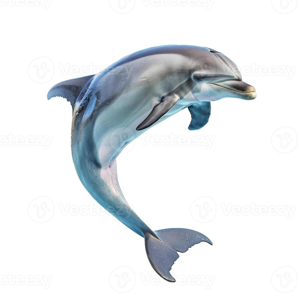 Dolphin jumping out of water on white background photo