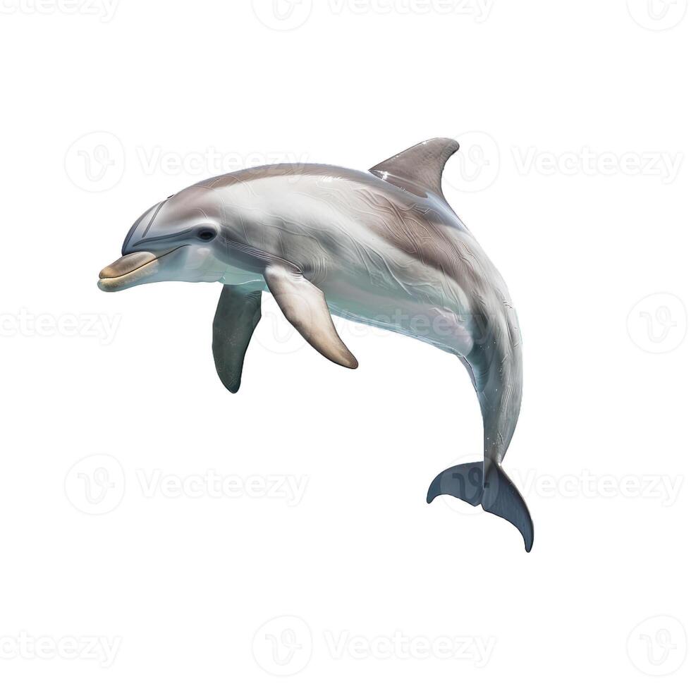Dolphin jumping out of water on white background photo