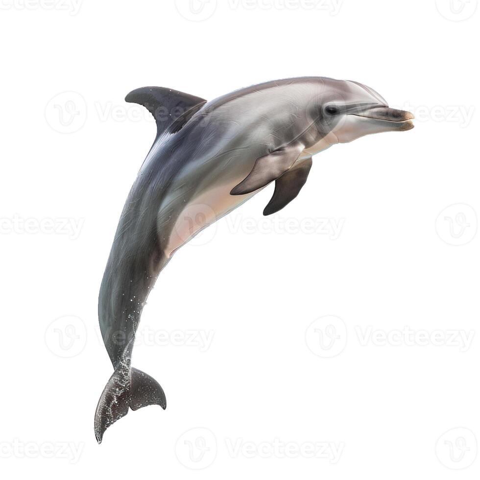 Dolphin jumping out of water on white background photo
