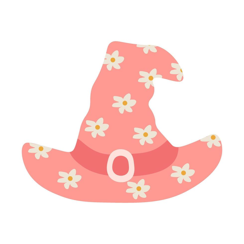 Pink witchs hat with flowers. Cute spooky Halloween element in flat style vector