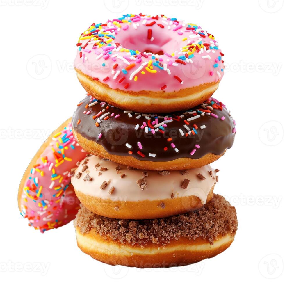Stack of four iced donuts with sprinkles on white background photo