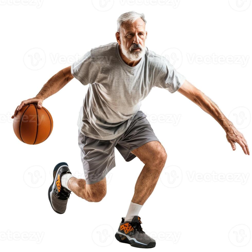 Senior man playing basketball isolated on transparent background photo