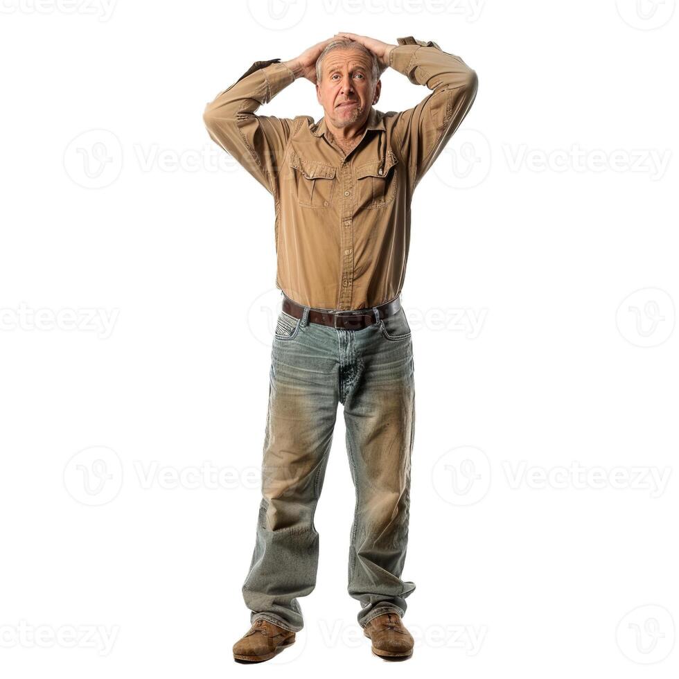 Confused man with hands on head photo