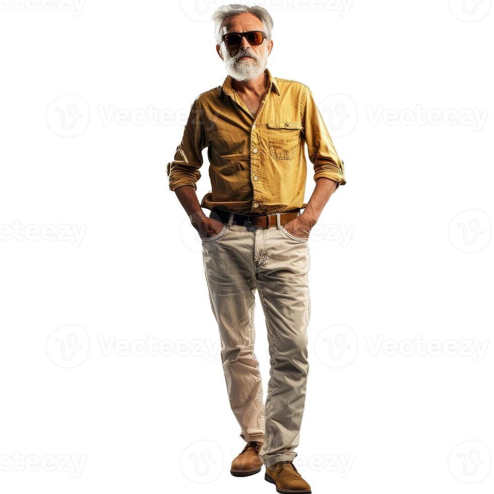 Stylish senior man with beard standing in casual attire on transparent background photo