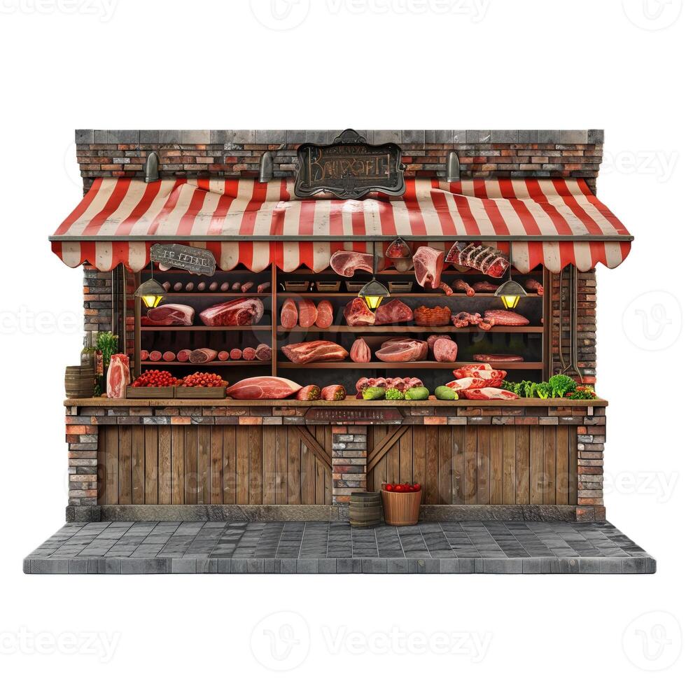 Traditional butcher shop facade with meat display photo