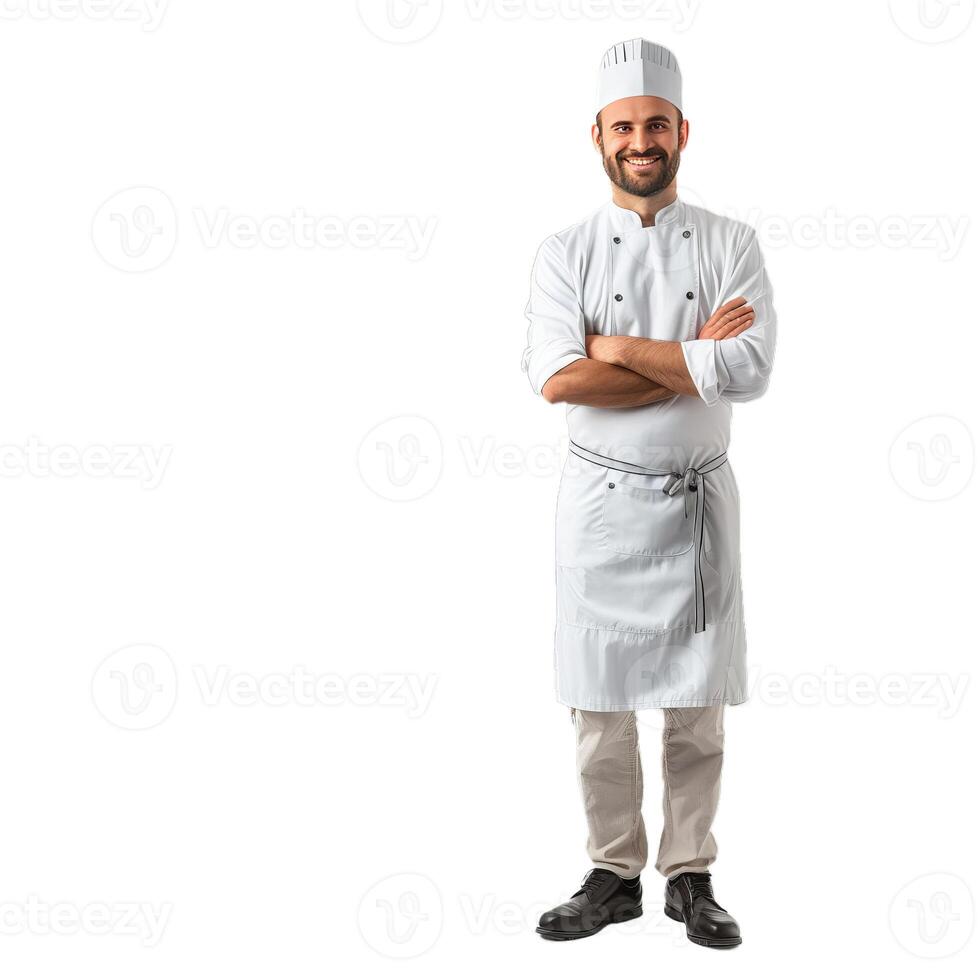 Confident chef smiling with arms crossed on white background photo
