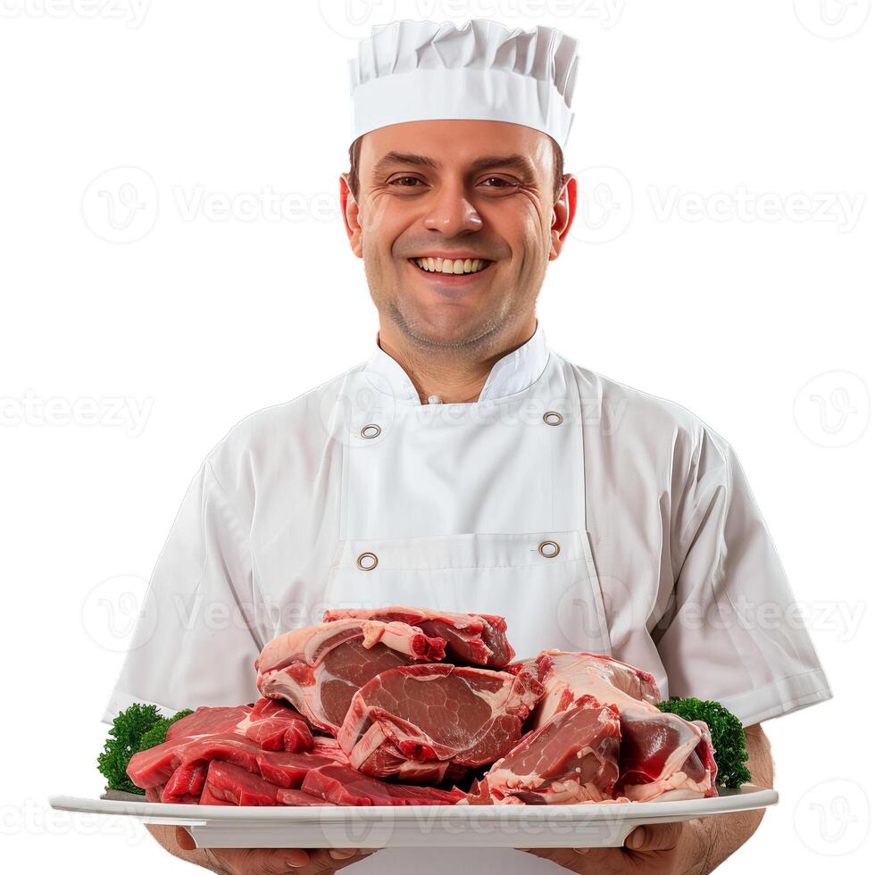 Butcher smiling and holding a tray of fresh meat cuts photo