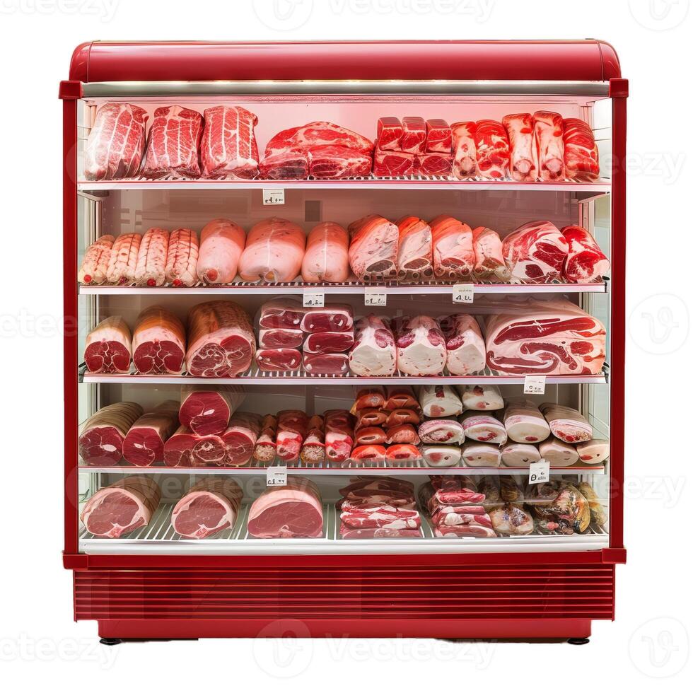 Fully stocked butcher's display case with variety of meats photo