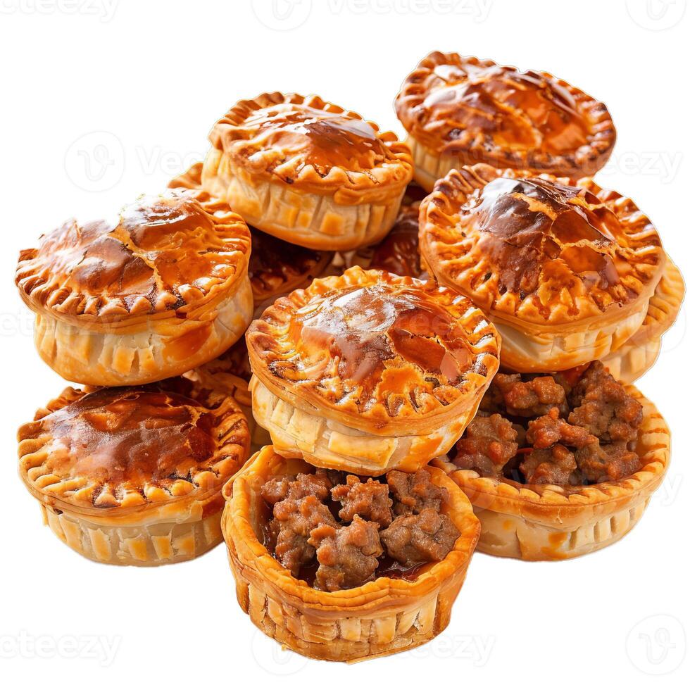 Delicious mini beef pies piled up on white background photo