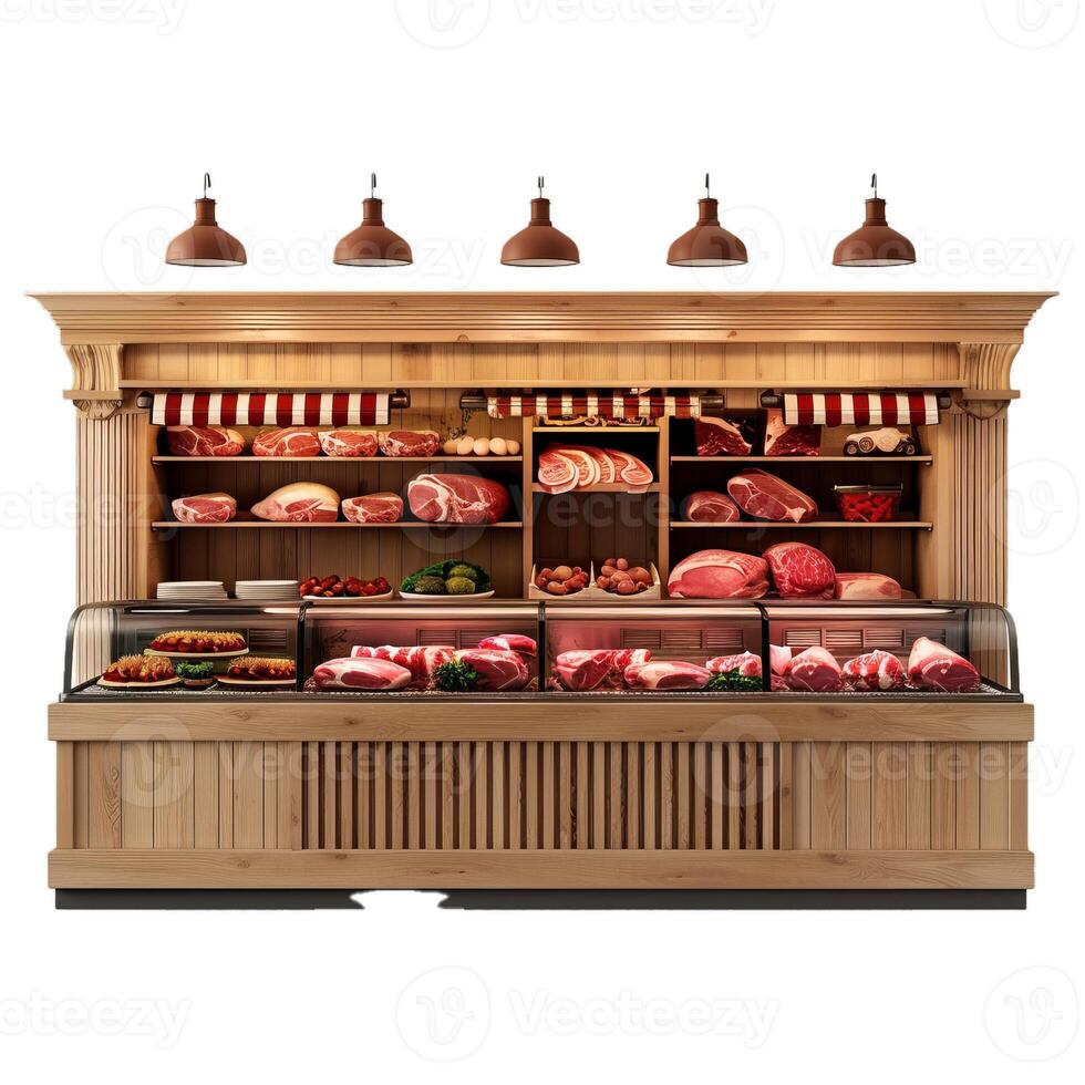 Vintagestyle wooden butcher shop counter filled with fresh cuts of meat photo