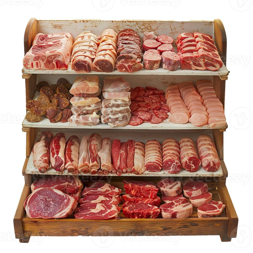 Assorted fresh meat selection on wooden shelves photo