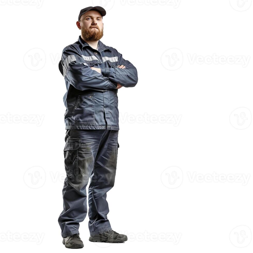 Confident factory worker standing with arms crossed on white background photo