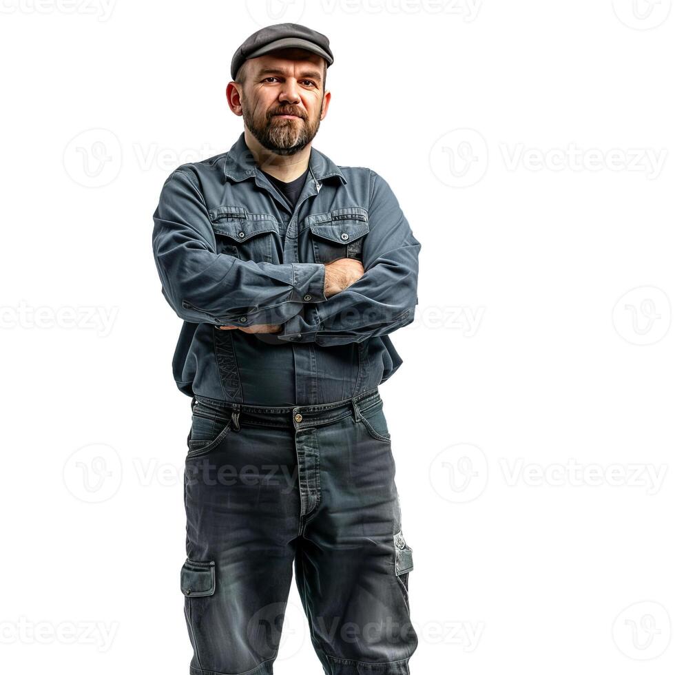 Confident mechanic wearing overalls and newsboy cap standing with arms crossed photo