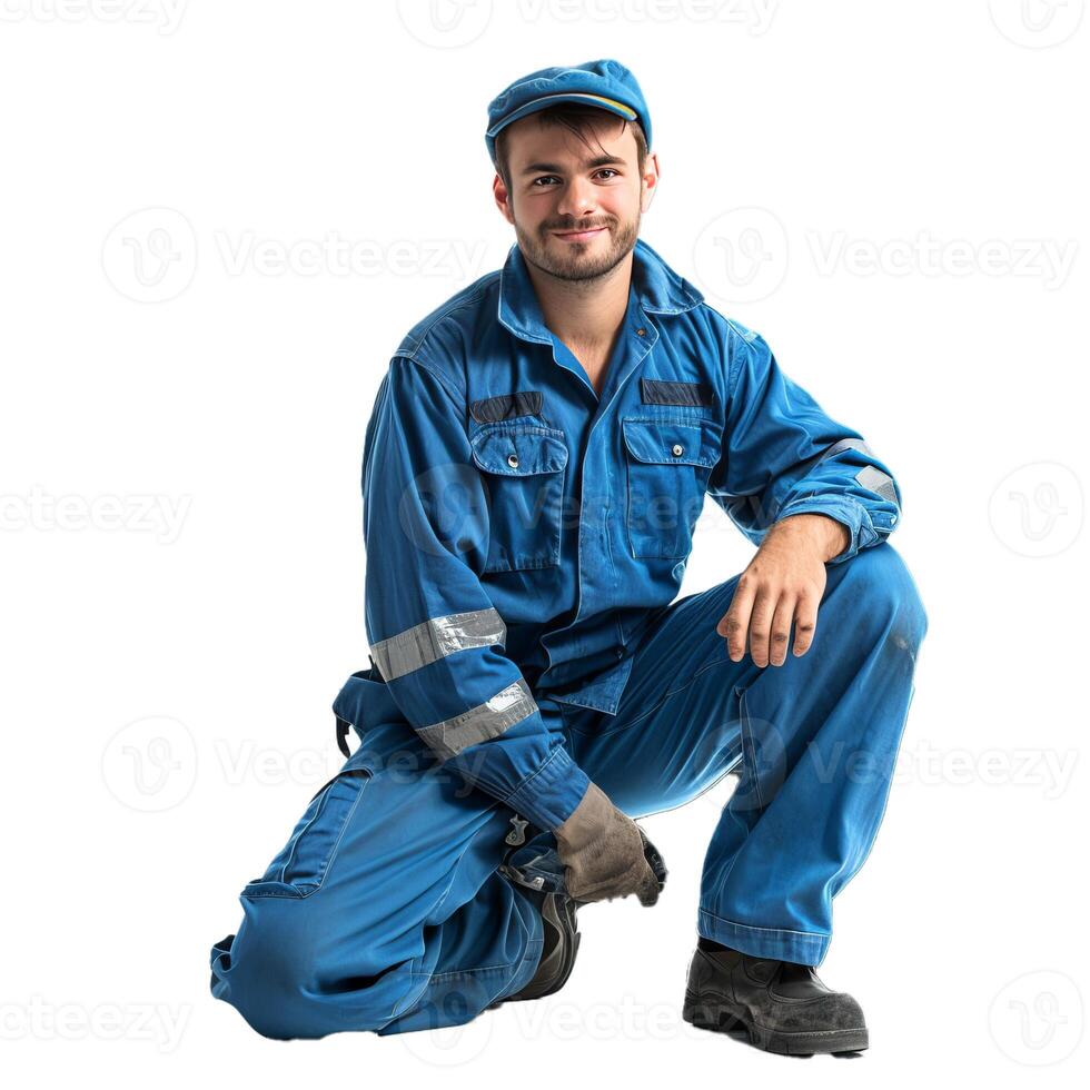 Smiling mechanic posing in blue coveralls photo