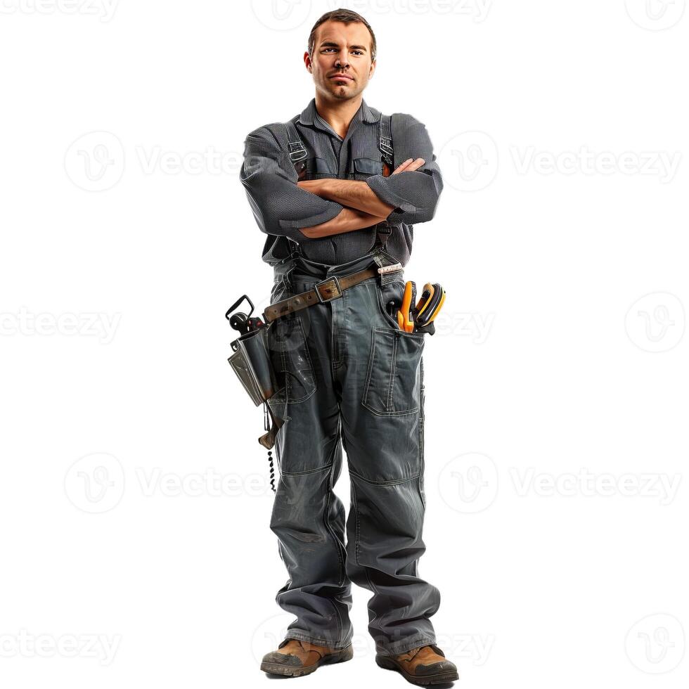 Confident handyman with tools on transparent background photo
