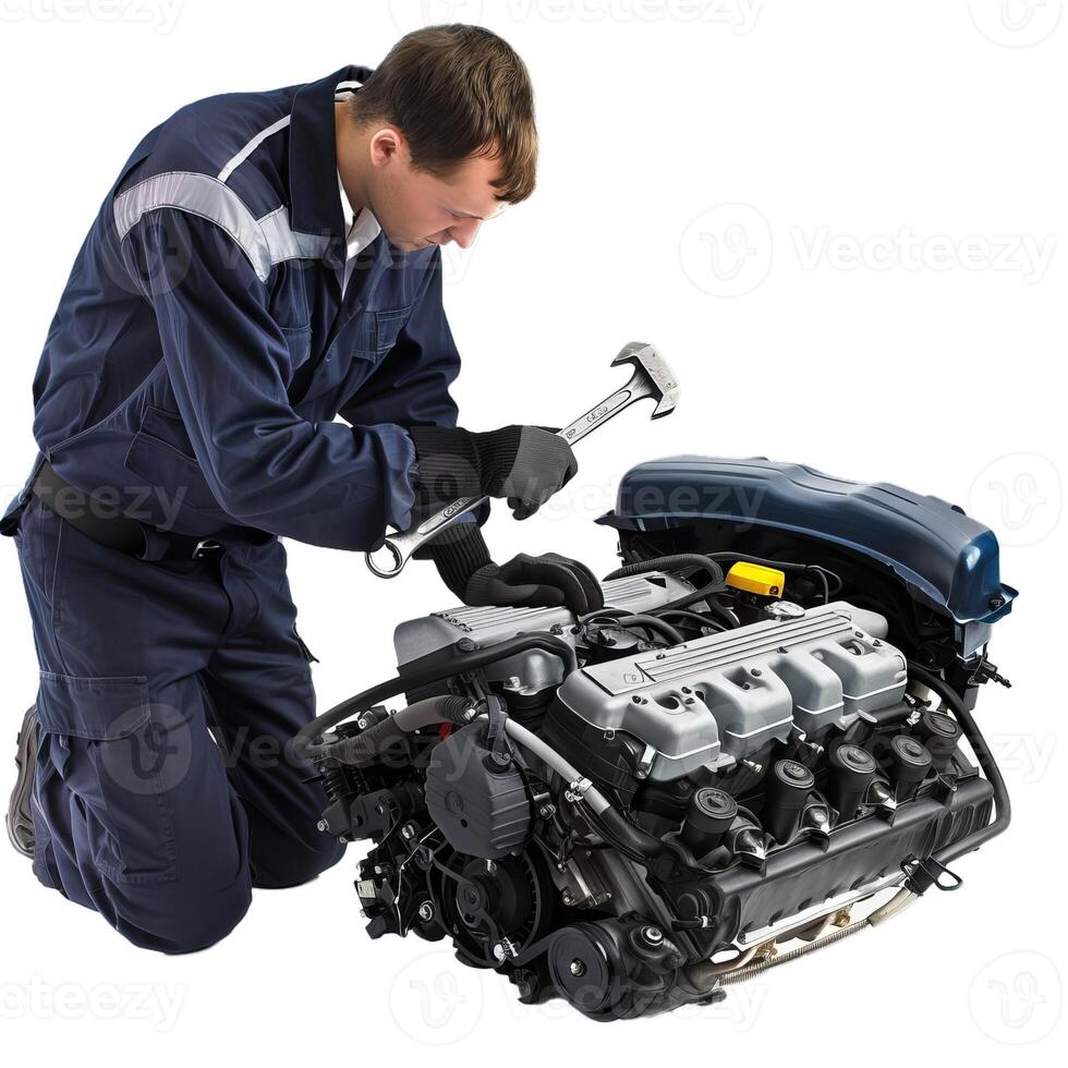 Mechanic inspecting car engine on transparent background photo