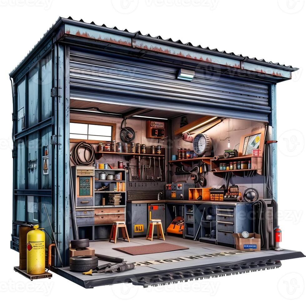 Detailed home workshop inside shipping container photo