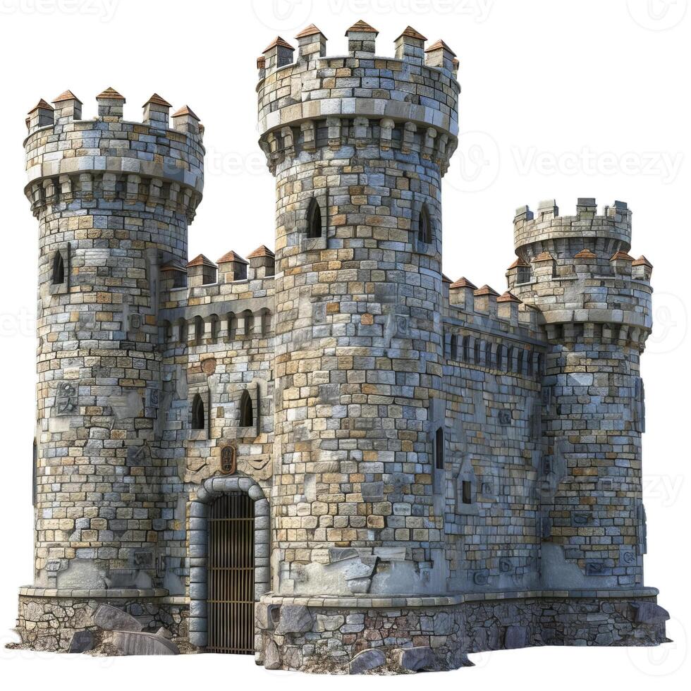 Medieval castle standing strong with gate down and drawbridge up photo