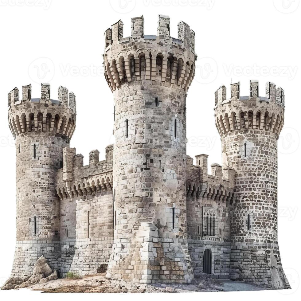 Majestic medieval castle standing on white background photo
