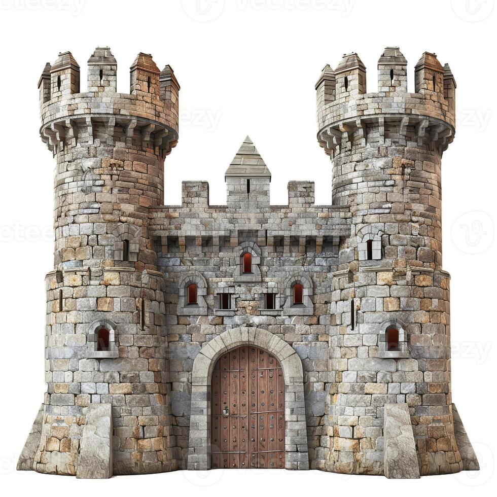 Medieval castle with two towers and a wooden gate isolated on white background photo