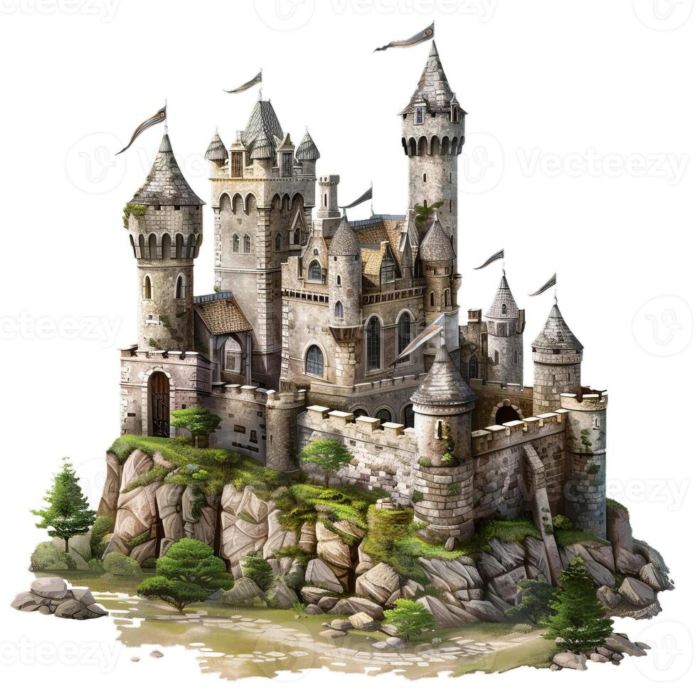 Medieval castle standing on rocky cliff with flags waving in the wind photo