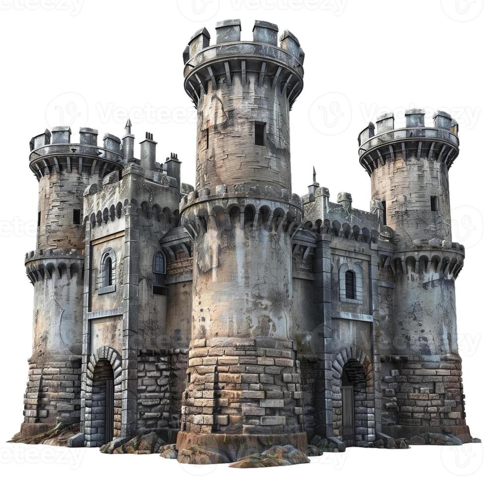 Majestic medieval castle standing on rocky ground photo