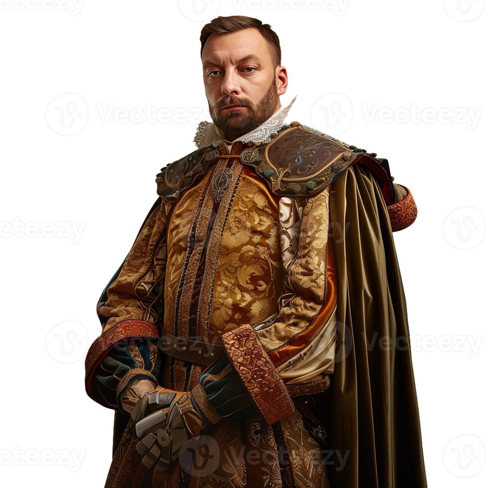 Dignified man dressed in luxurious historical clothing stands confidently photo
