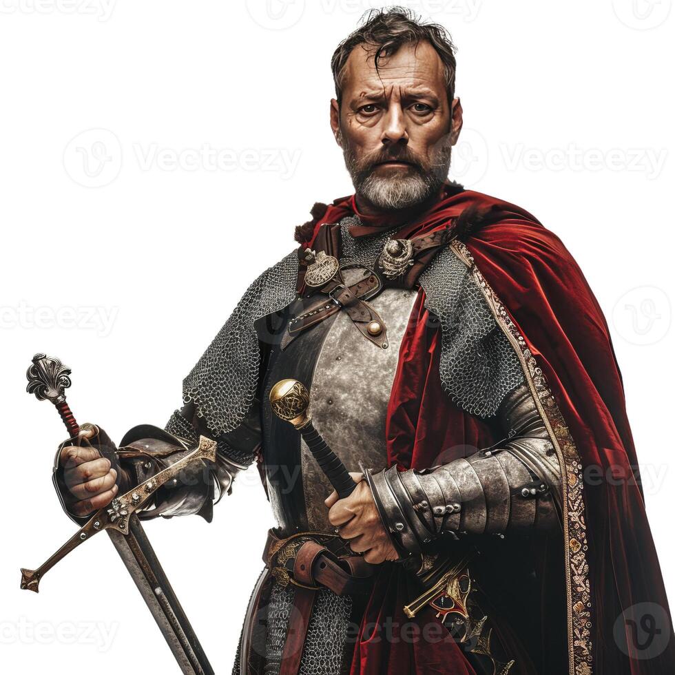 Medieval knight posing with sword and red cape on white background photo