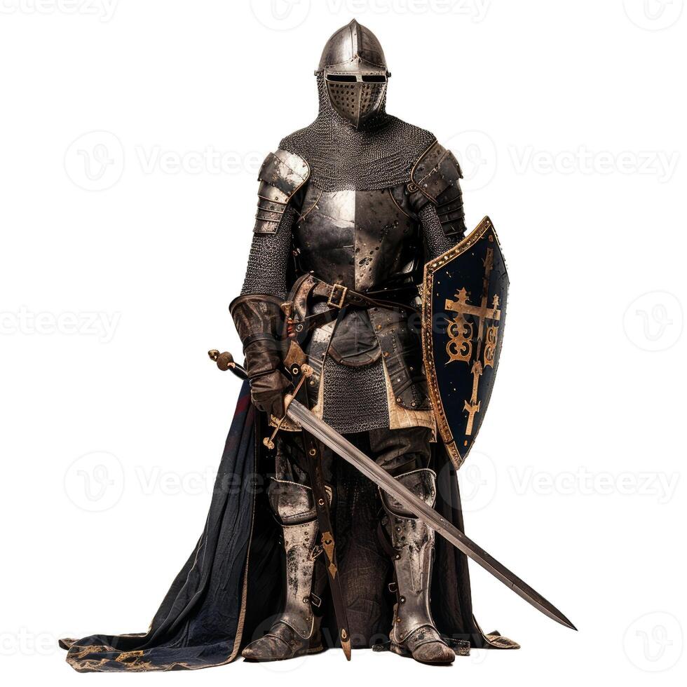 Medieval knight in full armor with sword and shield photo