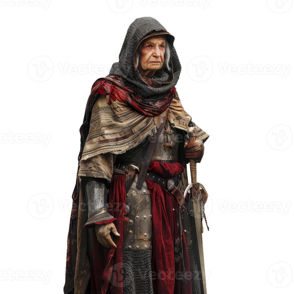 Elderly medieval woman warrior with sword photo