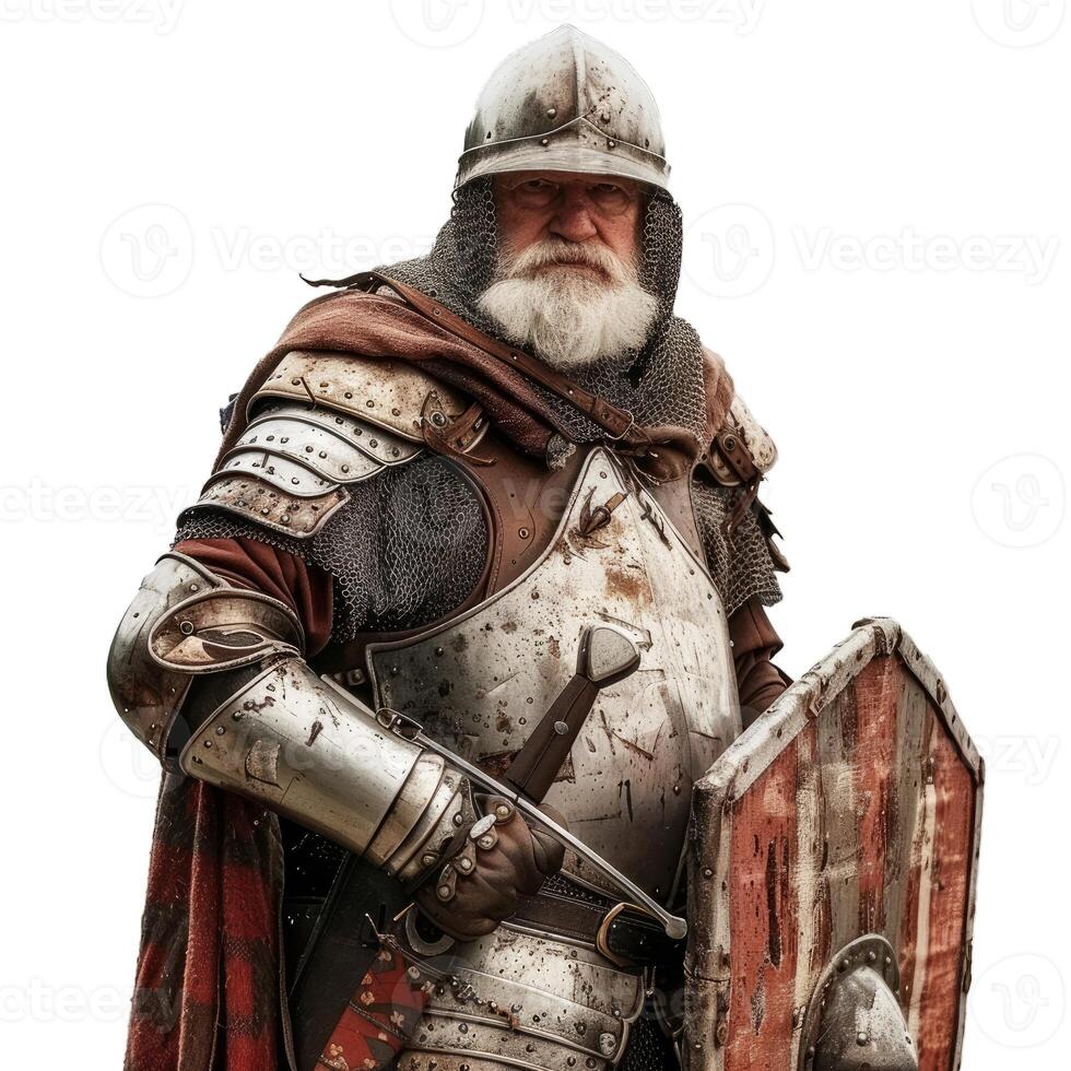 Medieval knight in full armor with sword and shield photo