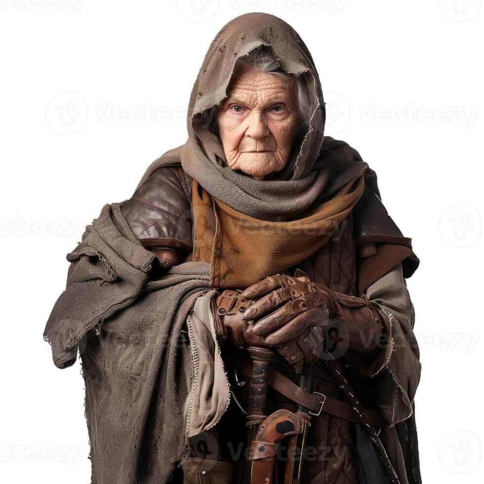 Detailed portrait of an aged warrior in medieval attire on a translucent background photo