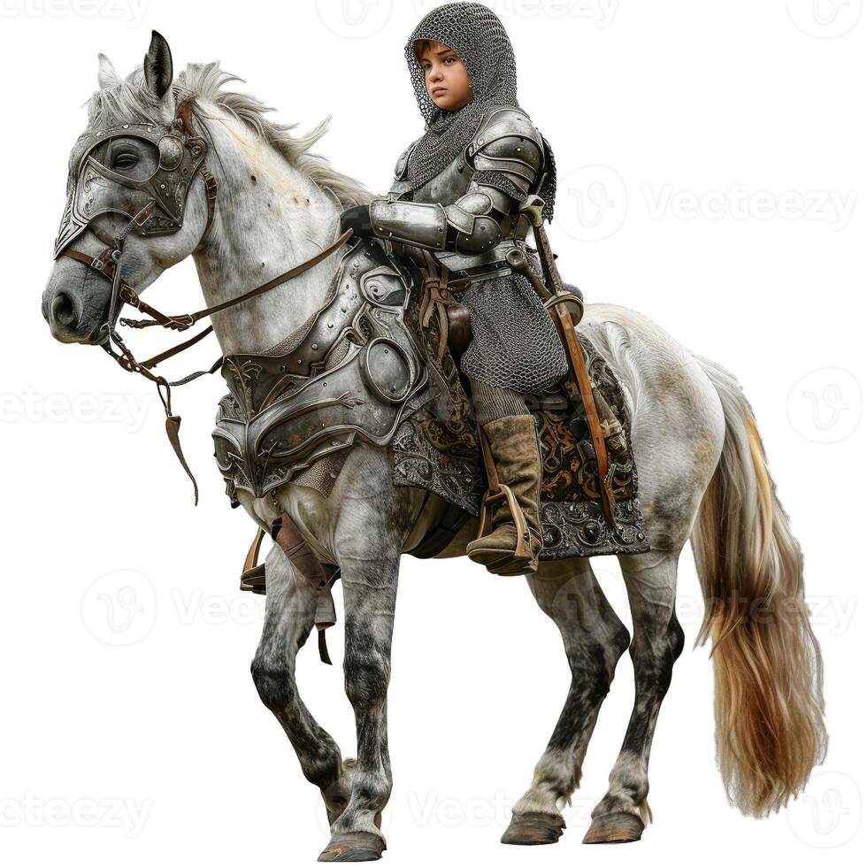 Medieval knight in armor riding a white horse photo
