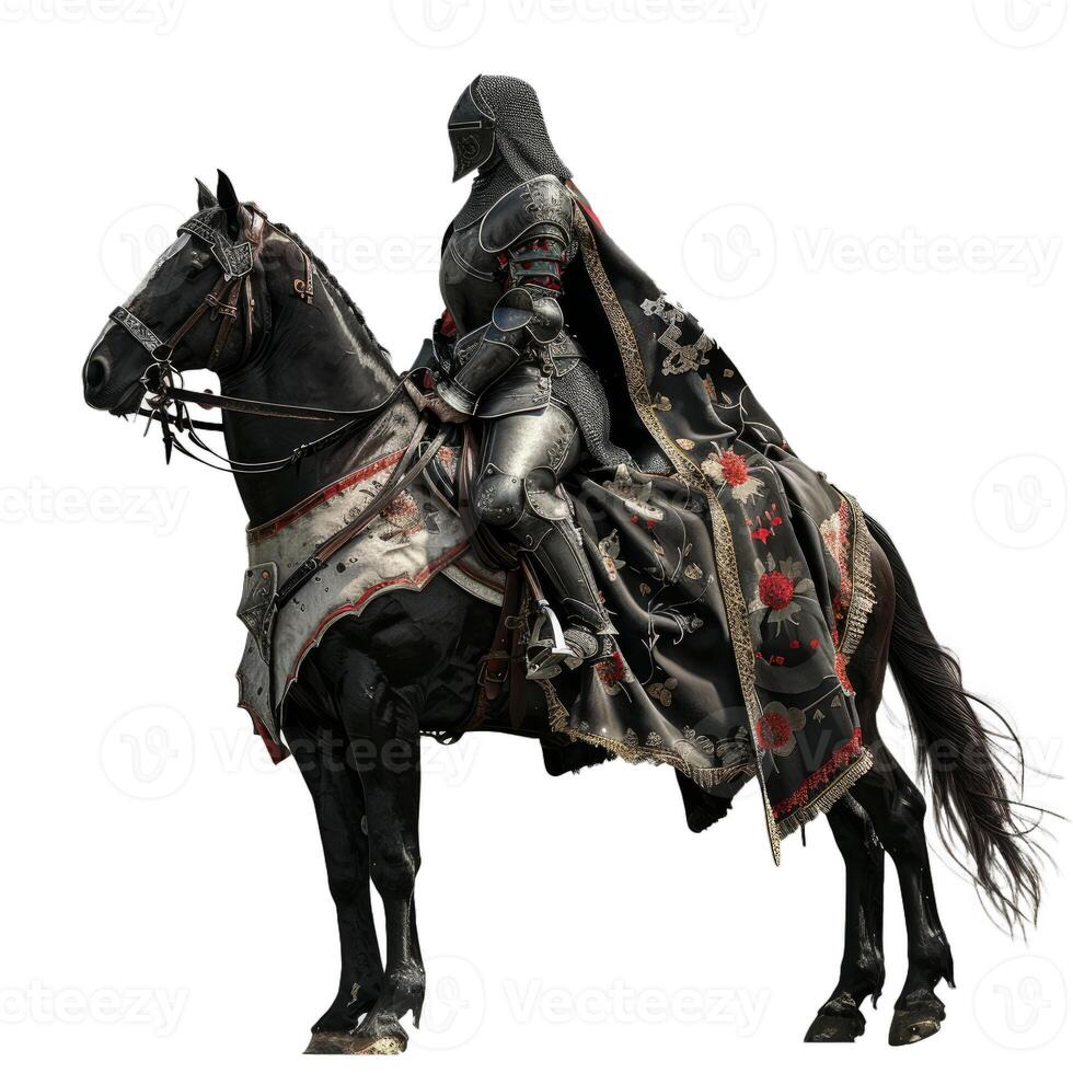 Medieval knight in full armor on horseback photo