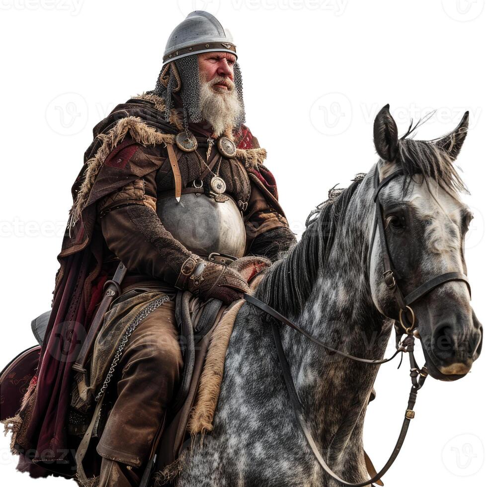 Medieval knight mounted on horse in armor photo