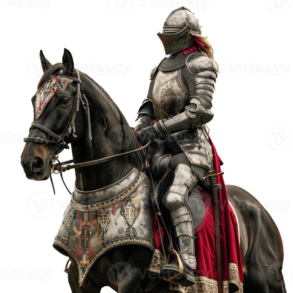 Medieval knight in full suit of armor riding a horse photo