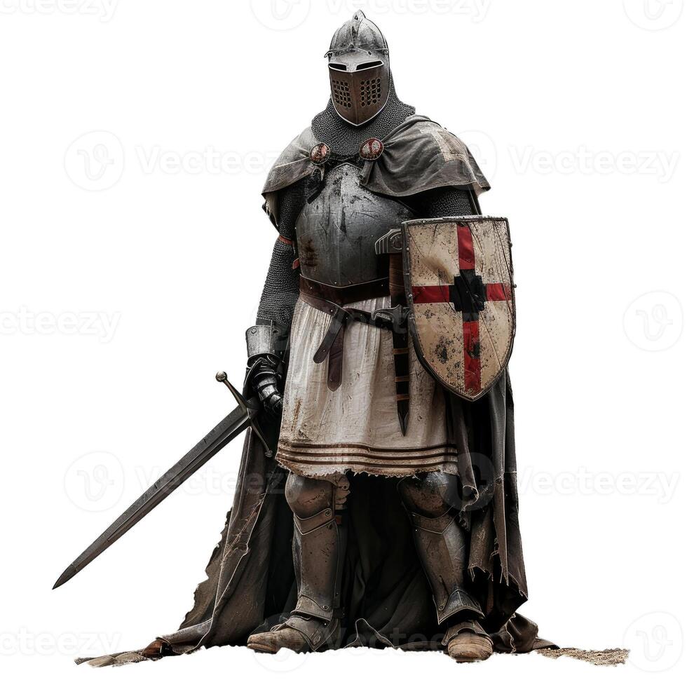 Medieval knight in full armor with sword and shield photo
