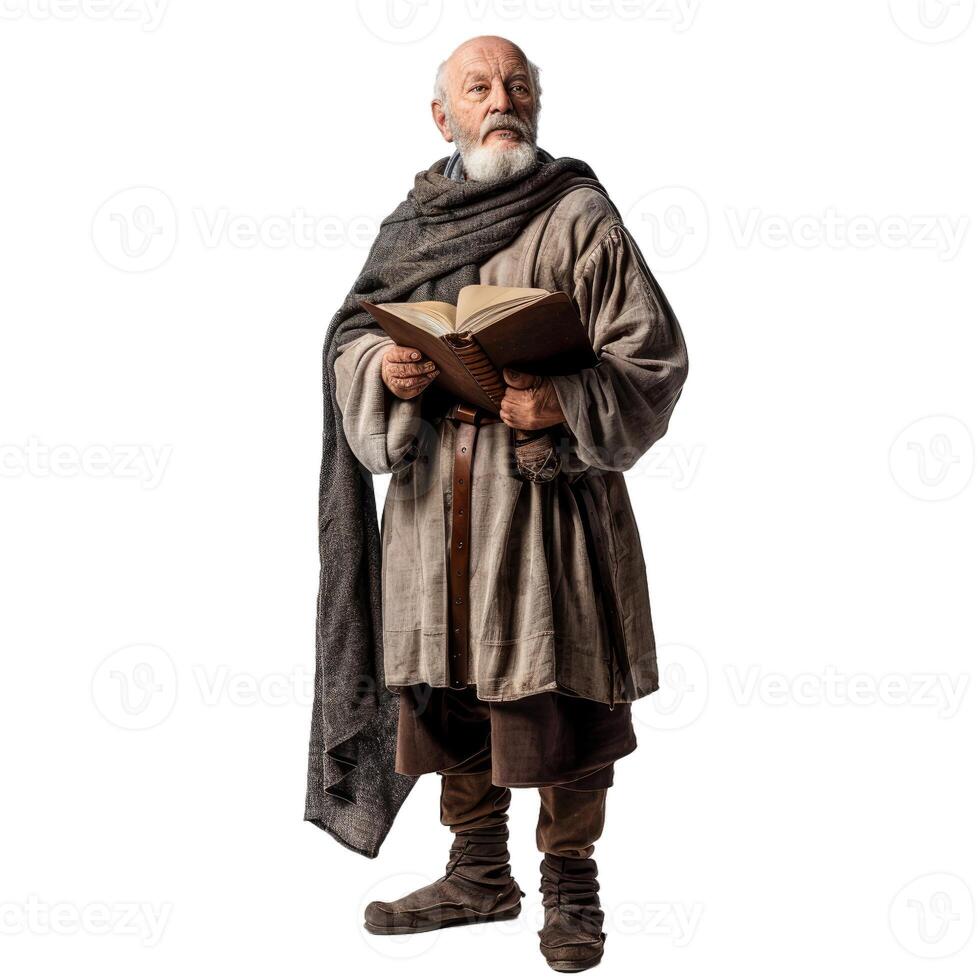 Wise elderly man holding an ancient book photo