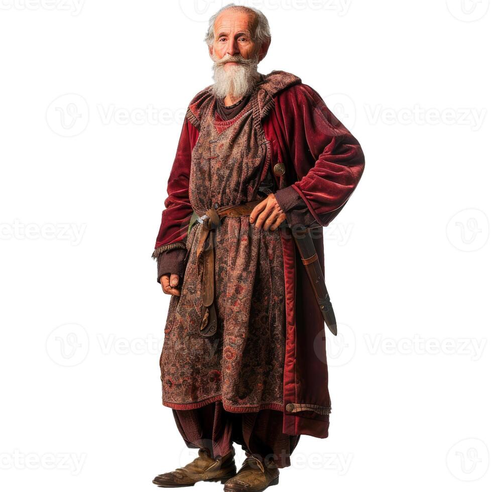 Old warrior king is posing with his hand on the hilt of his sword photo