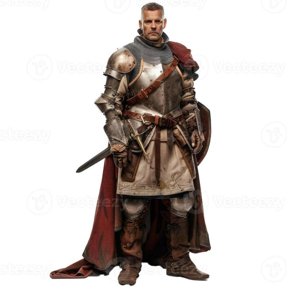 Medieval knight in full armor posing with sword and shield photo