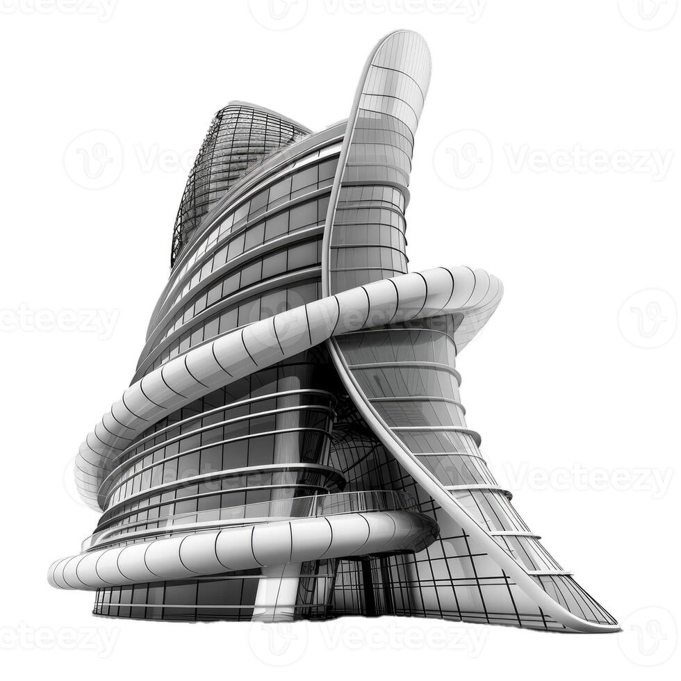 Modern skyscraper with curved steel and glass facade is standing out against the white background photo