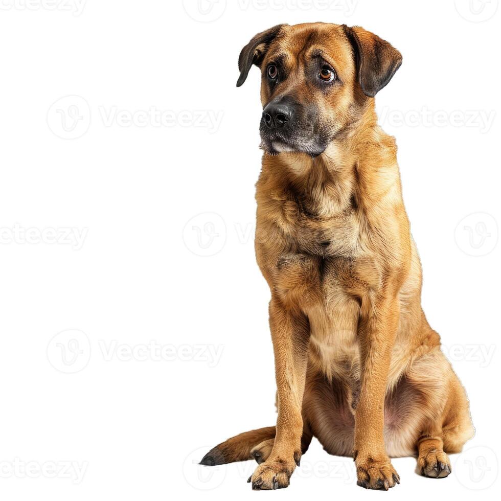 Cute brown mongrel dog sitting and waiting on white background photo