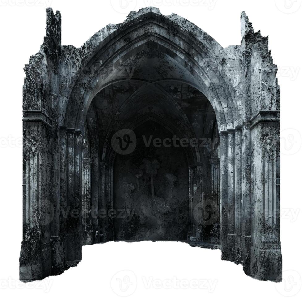 Gothic stone archway crumbling under cloudy sky photo