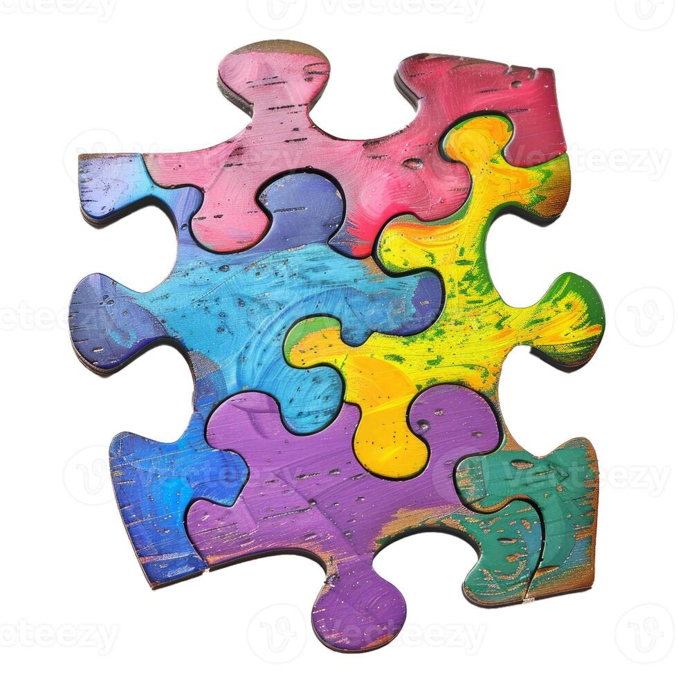 Colorful puzzle pieces forming a complete jigsaw puzzle photo