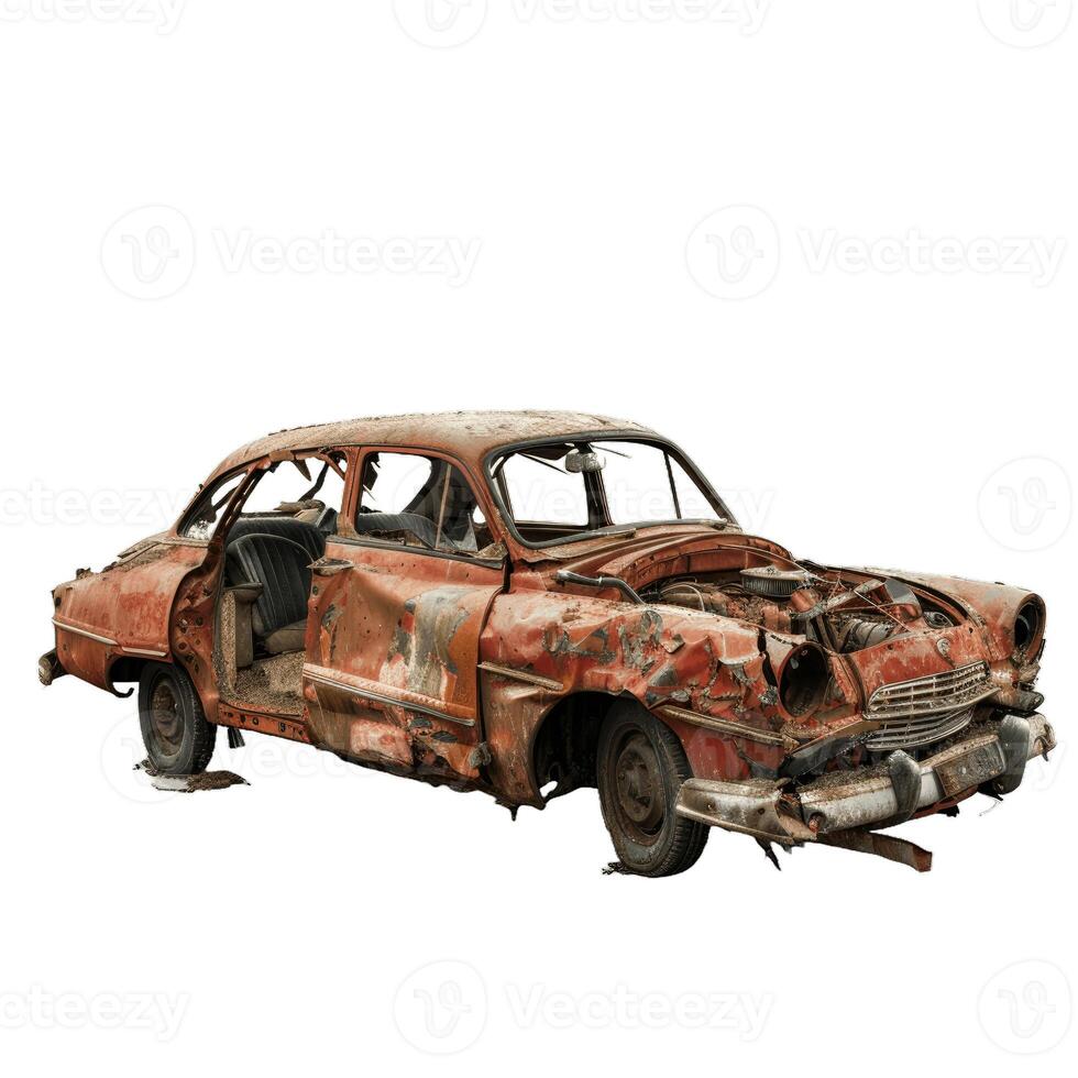 Abandoned rusty car decaying in junkyard with open door photo